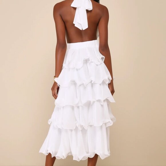 Lulus Exceedingly Gorgeous White Tiered Halter Midi Dress - Size S - Picture 2 of 5